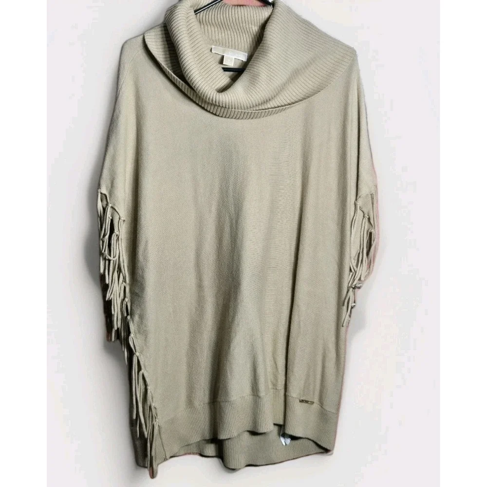 Michael Kors Womens Sweater‎ Fringe Cowl Neck Tunic Beige Poncho Sz M Oversized